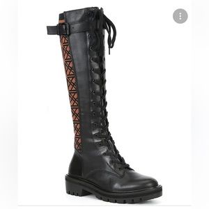 From Antonio Melani , the Dukees Logo
Print Lug Sole Tall Combat Sock Boots
